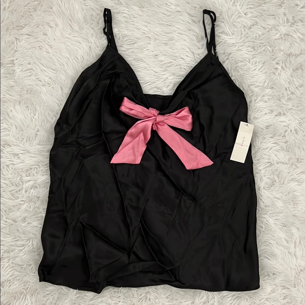 Black Satin Camisole with Pink Bow
